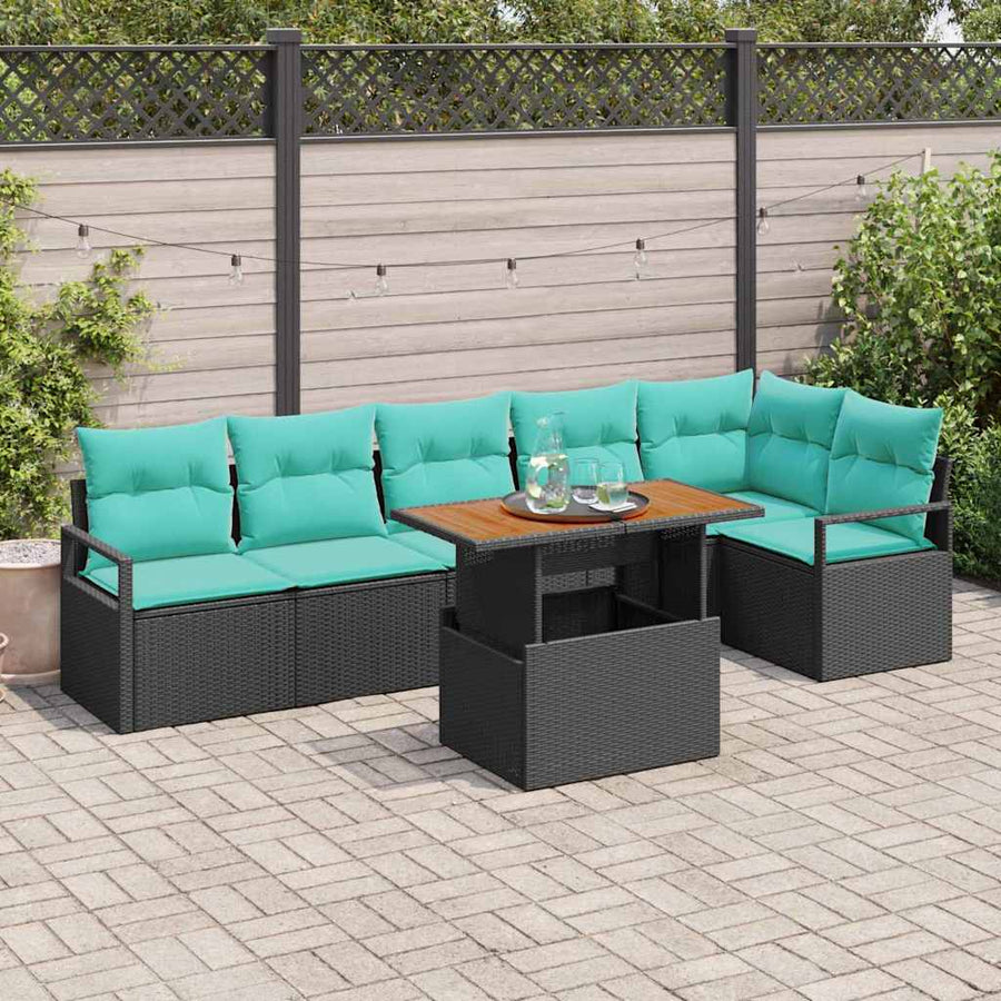 Tuin Eetset met kussen 7 pcs Zwart en Blauwgroen