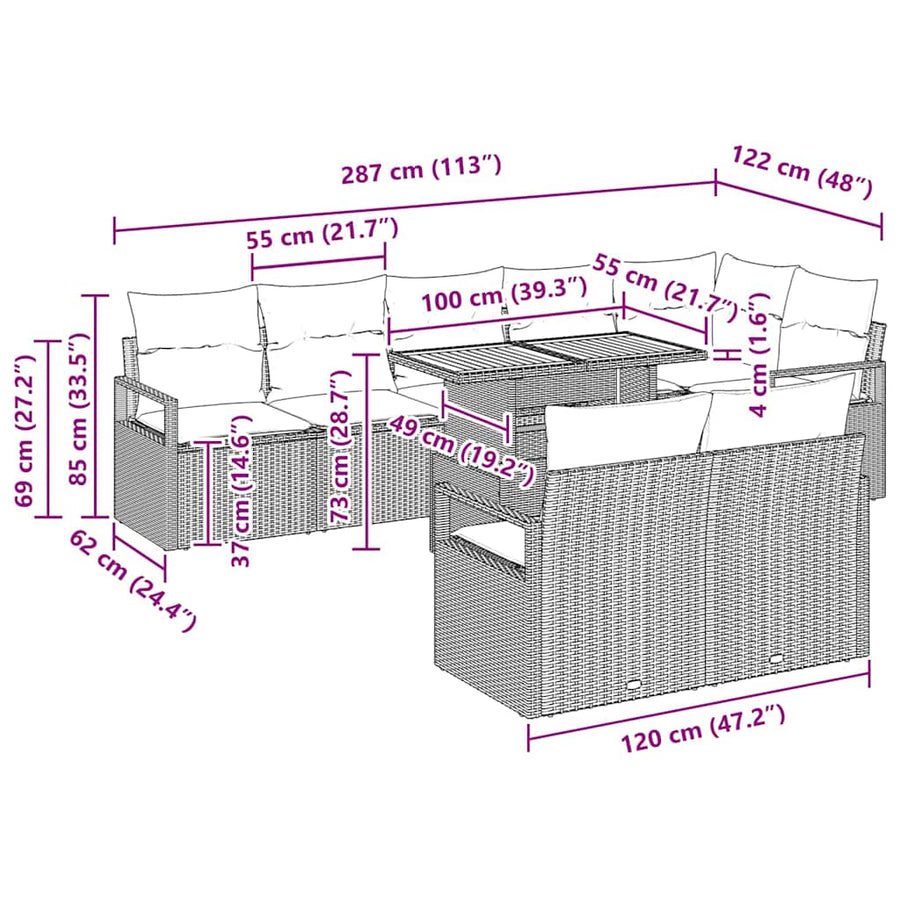 Tuin Sofa Set met kussen met kussen 9 pcs Zwart en Crème