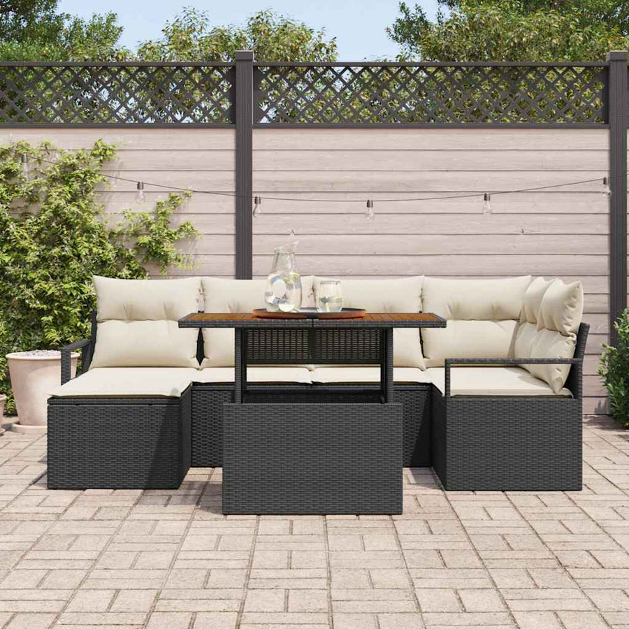 Tuin Eetset met kussen 7 pcs Zwart en Crème