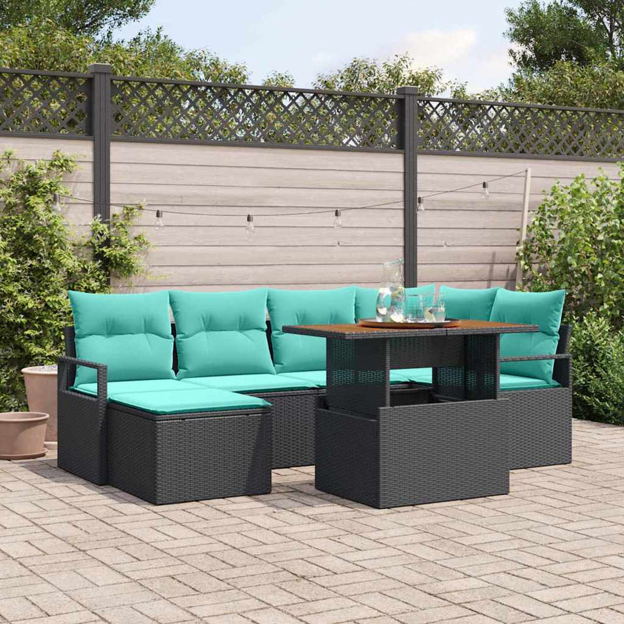 Tuin Eetset met kussen 7 pcs Zwart en Blauwgroen