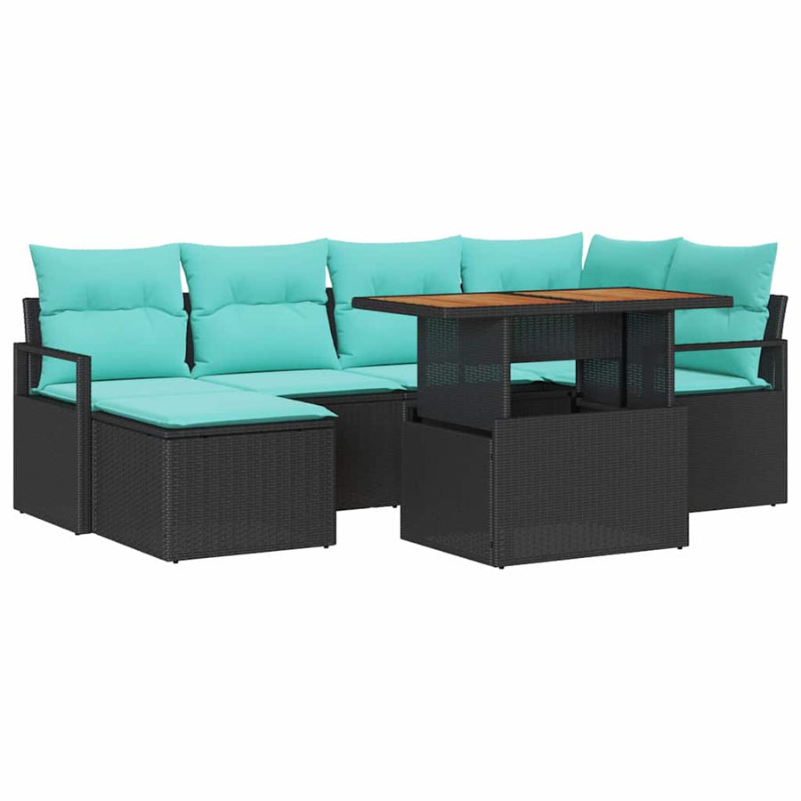 Tuin Eetset met kussen 7 pcs Zwart en Blauwgroen