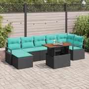 Tuin Eetset poly rattan zwart blauwgroen 8-delig