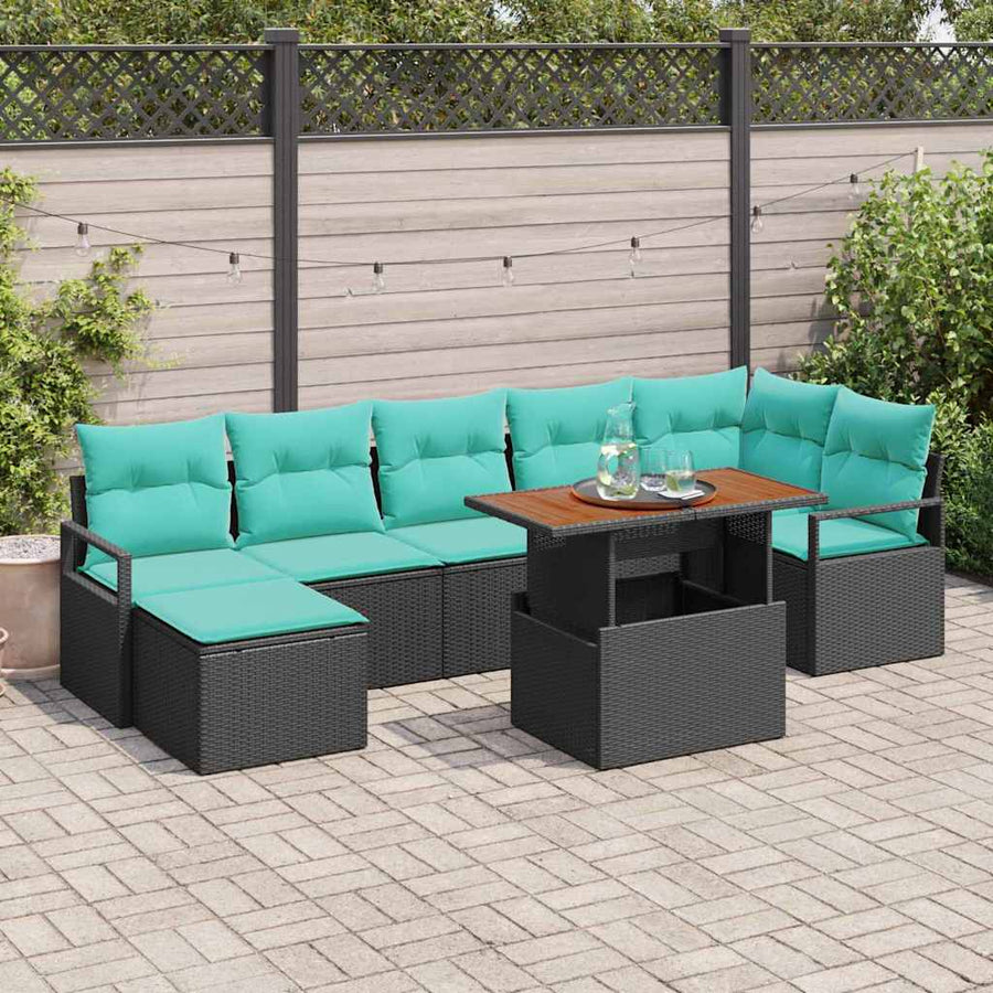 Tuin Eetset met kussen 8 pcs Zwart en Blauwgroen