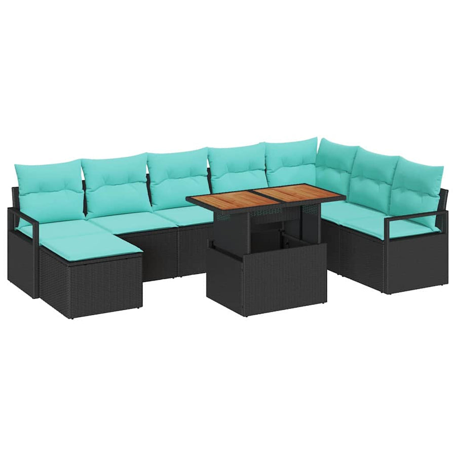 Tuin Eetset met kussen 9 pcs Zwart en Blauwgroen