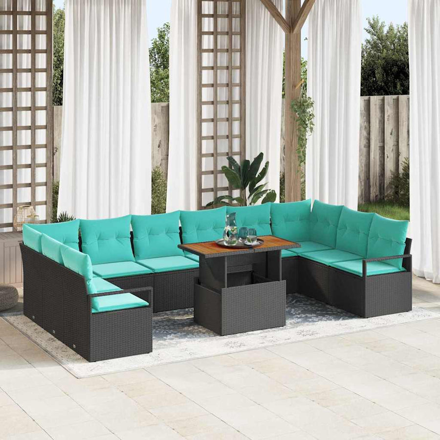 Tuin Eetset met kussen 11 pcs Zwart en Blauwgroen