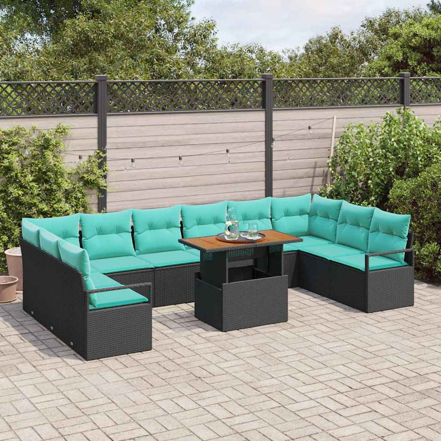 Tuin Eetset met kussen 11 pcs Zwart en Blauwgroen