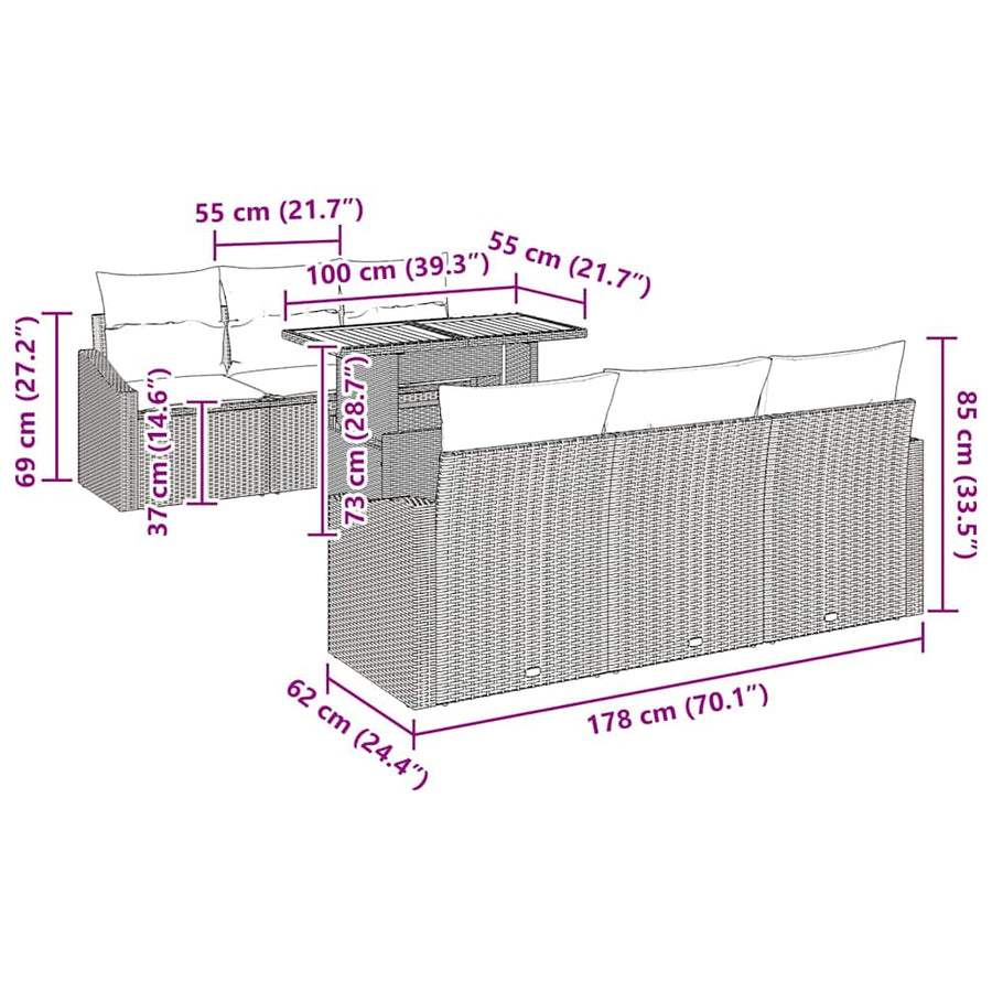 Tuin Sofa Set met kussen met kussen 7 pcs Zwart en Bruin