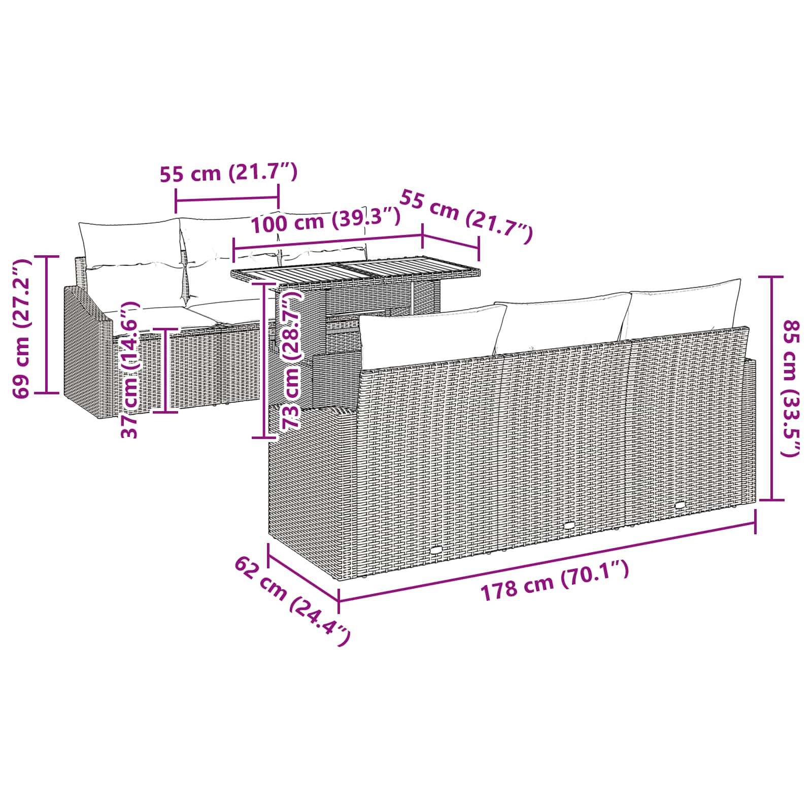 Tuin Eetset met kussen 7 pcs Zwart en Blauwgroen
