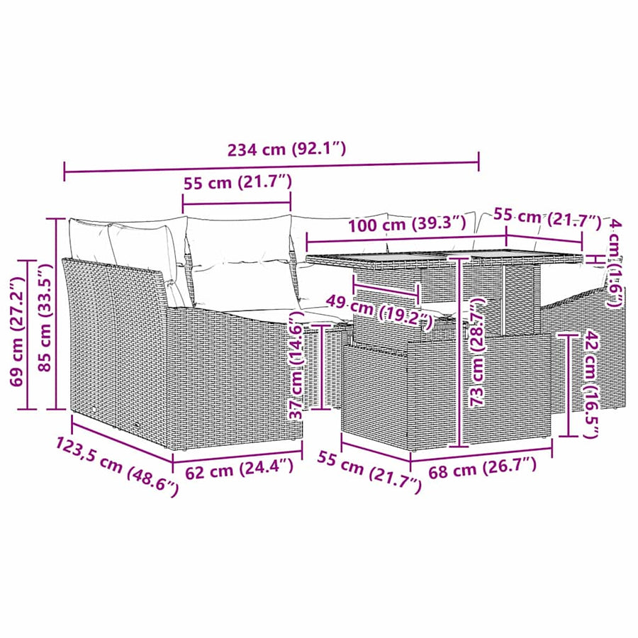 Tuin Eetset met kussen 7 pcs Beige en Grijs