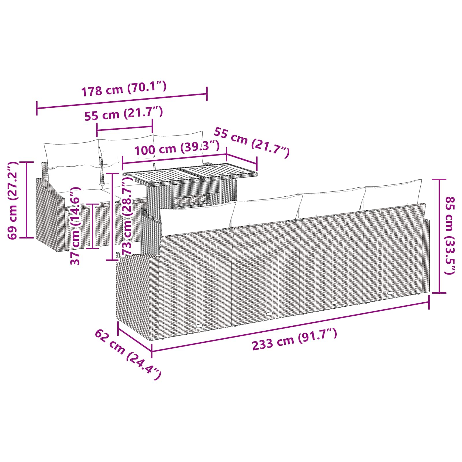 Tuin Eetset met kussen 8 pcs Zwart en Blauwgroen