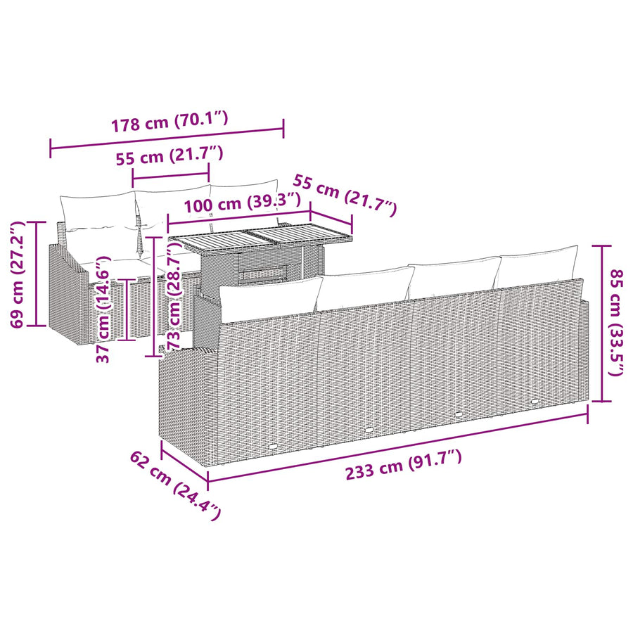 Tuin Eetset met kussen 8 pcs Zwart en Blauwgroen