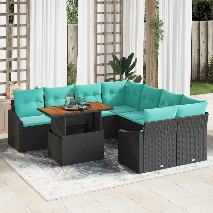 Tuin Eetset met kussen 9 pcs Zwart en Blauwgroen