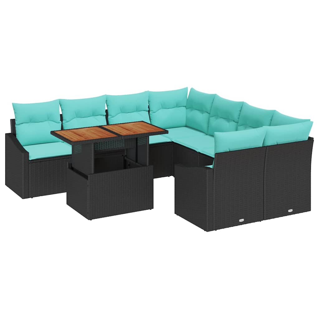 Tuin Eetset met kussen 9 pcs Zwart en Blauwgroen