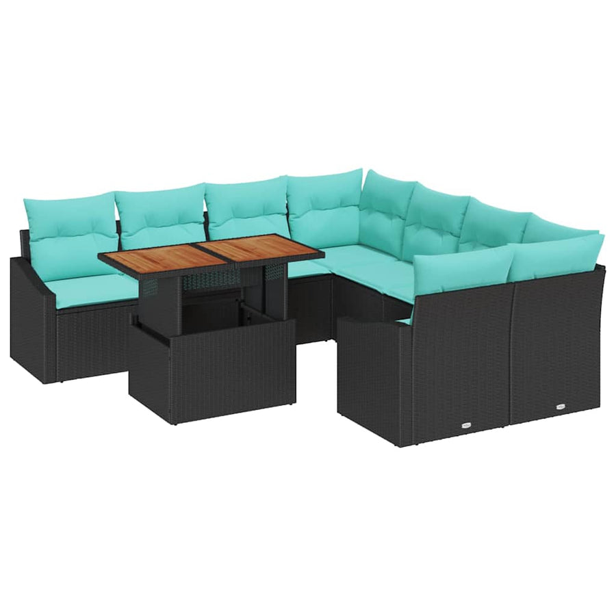 Tuin Eetset met kussen 9 pcs Zwart en Blauwgroen