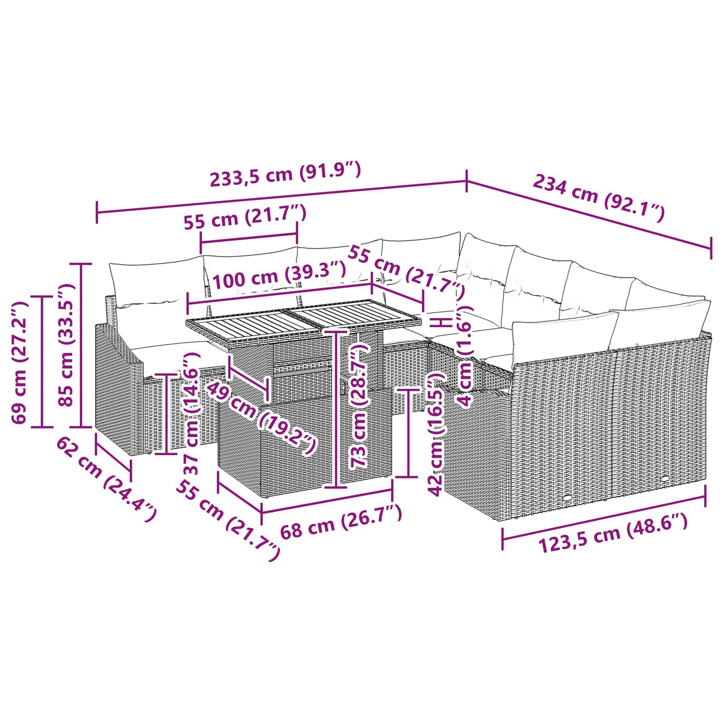 Tuin Eetset met kussen 9 pcs Zwart en Blauwgroen