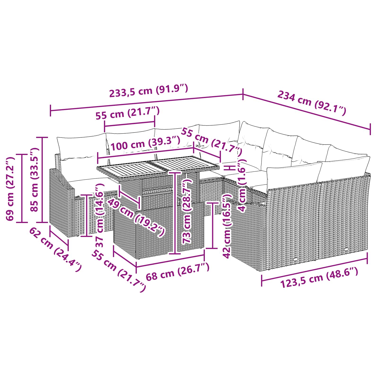 Tuin Eetset met kussen 9 pcs Zwart en Blauwgroen