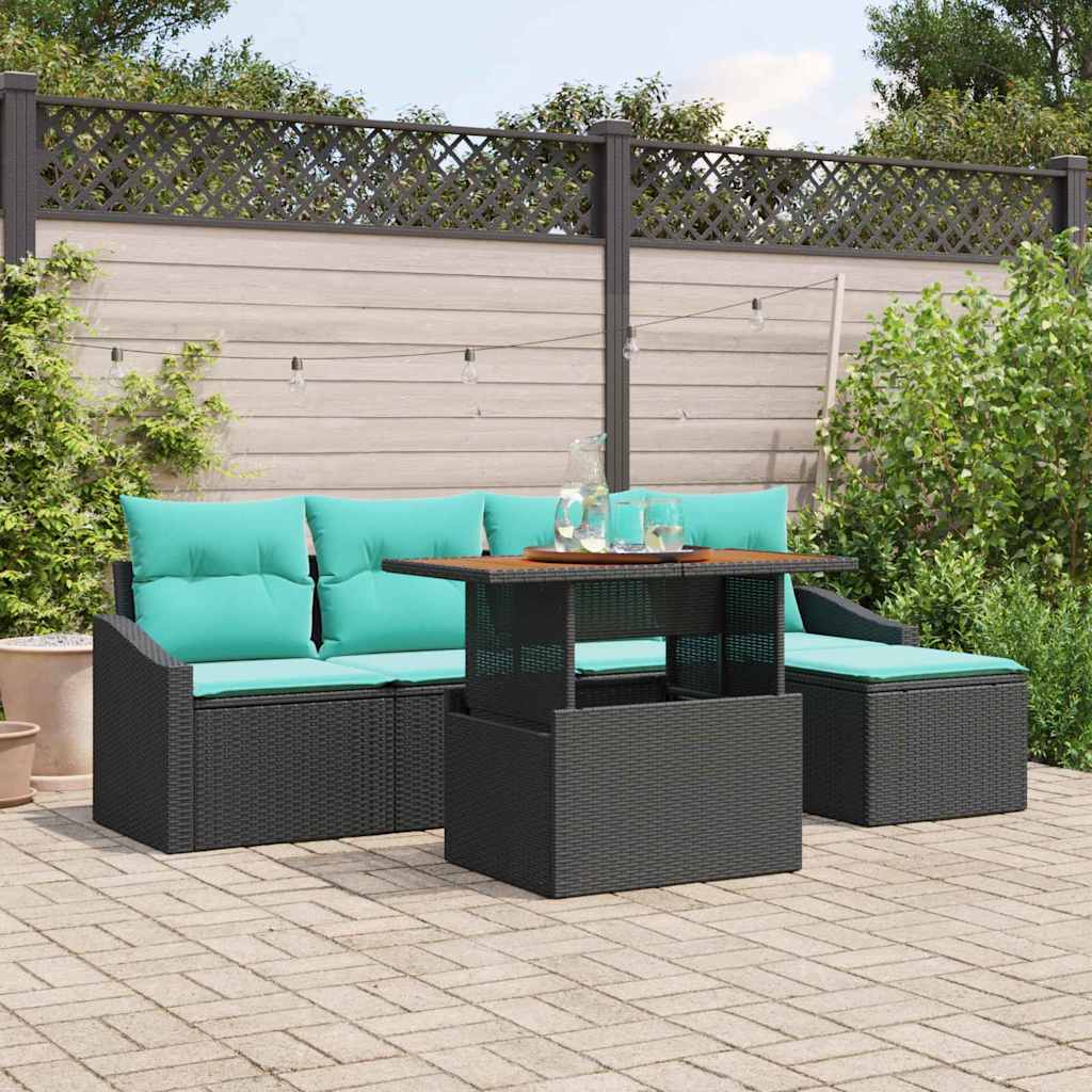 Tuin Eetset met kussen 6 pcs Zwart en Blauwgroen