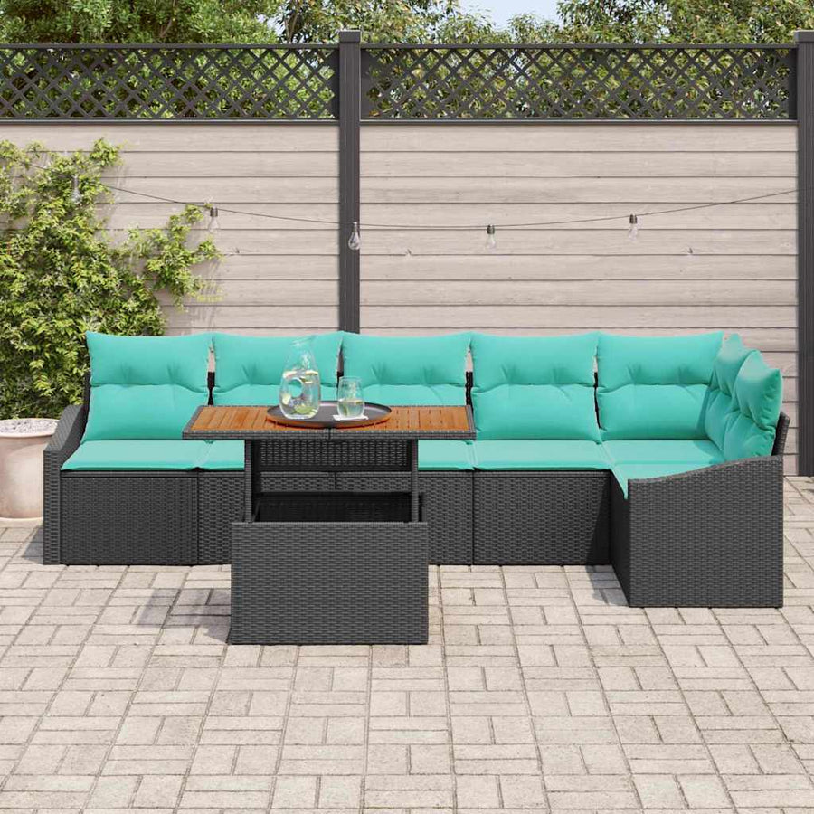 Tuin Eetset met kussen 7 pcs Zwart en Blauwgroen