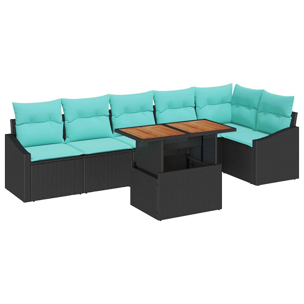 Tuin Eetset met kussen 7 pcs Zwart en Blauwgroen
