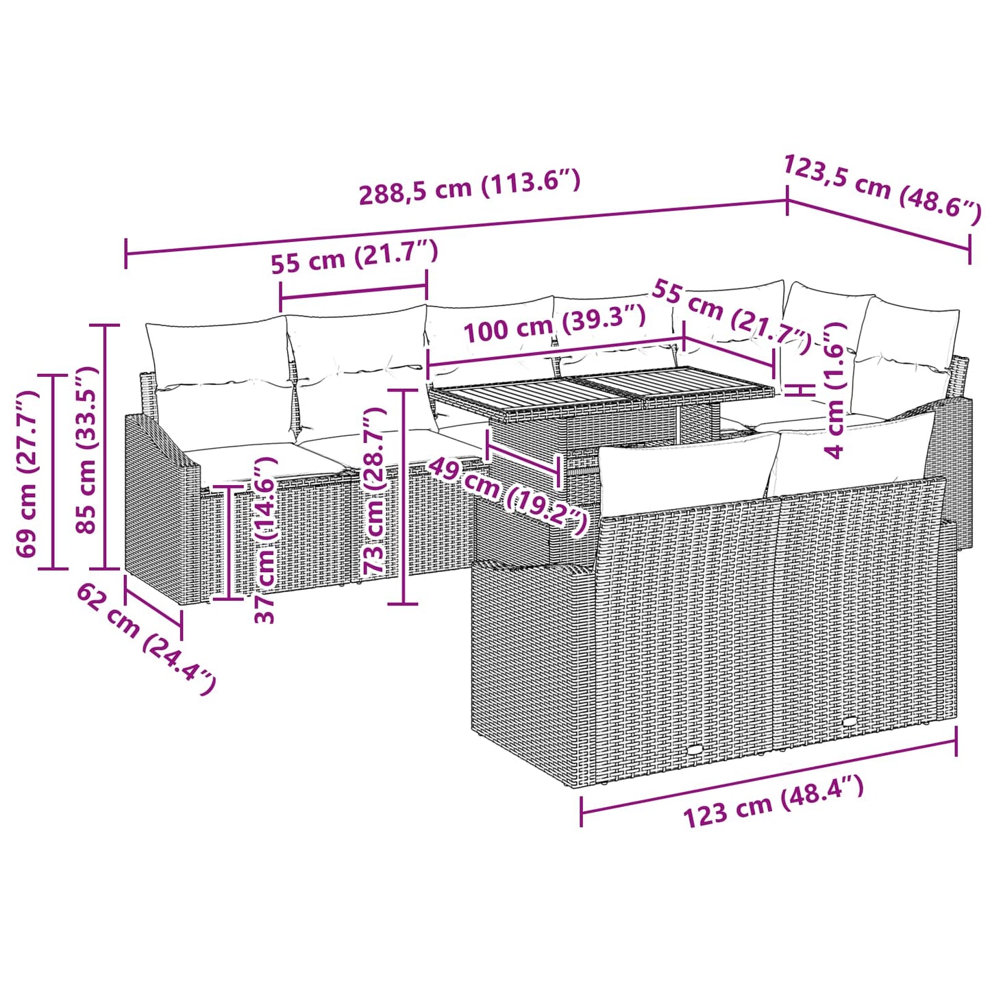 Tuin Eetset met kussen 9 pcs Zwart en Blauwgroen