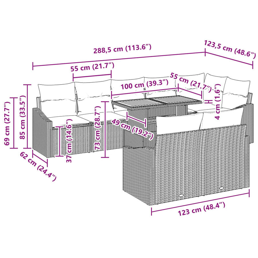 Tuin Eetset met kussen 9 pcs Zwart en Blauwgroen