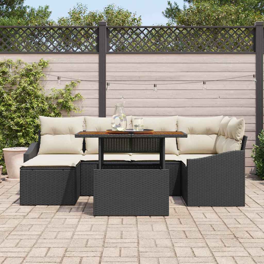Tuin Eetset met kussen 7 pcs Zwart en Crème