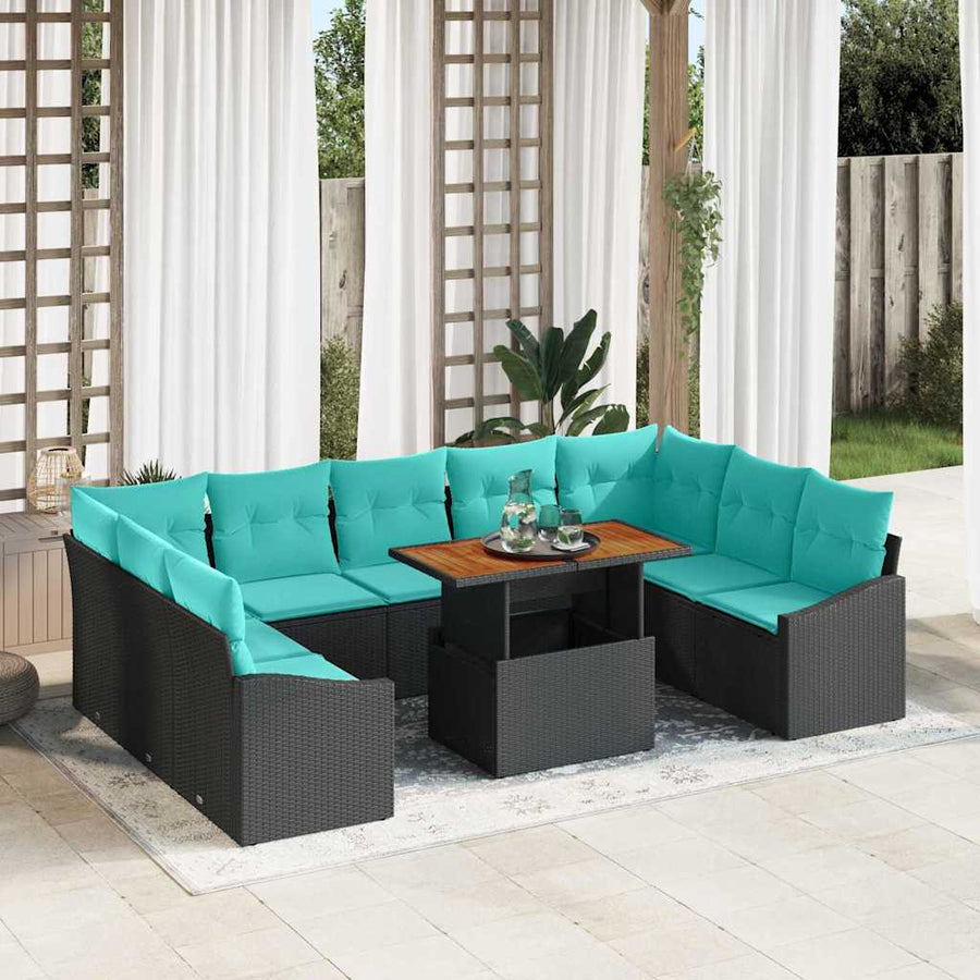 Tuin Eetset met kussen 10 pcs Zwart en Blauwgroen