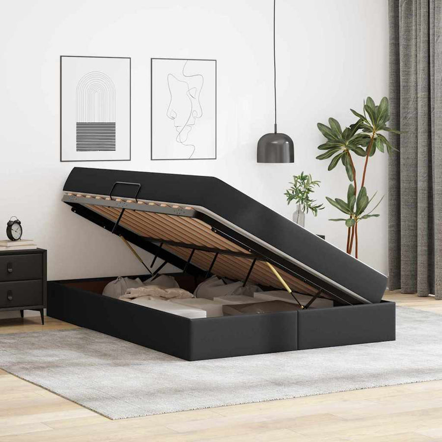Opbergbed met matras met matras Zwart 140 x 190 cm Nep Leer