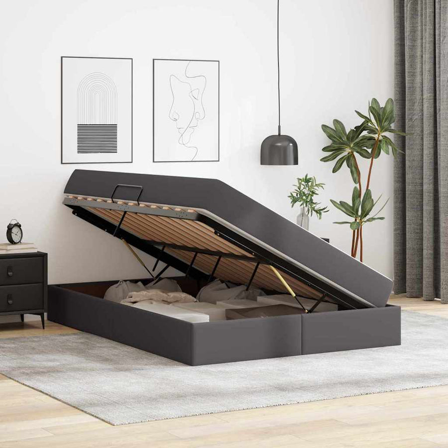 Opbergbed met matras met matras Grijs 140 x 190 cm Nep Leer