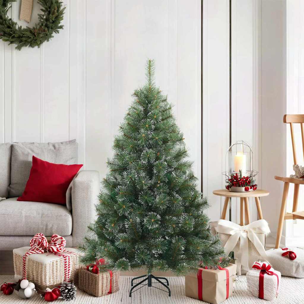 Kunst Kerstboom met Geveerde Takken, Sneeuw Bedekt Groen 120 cm