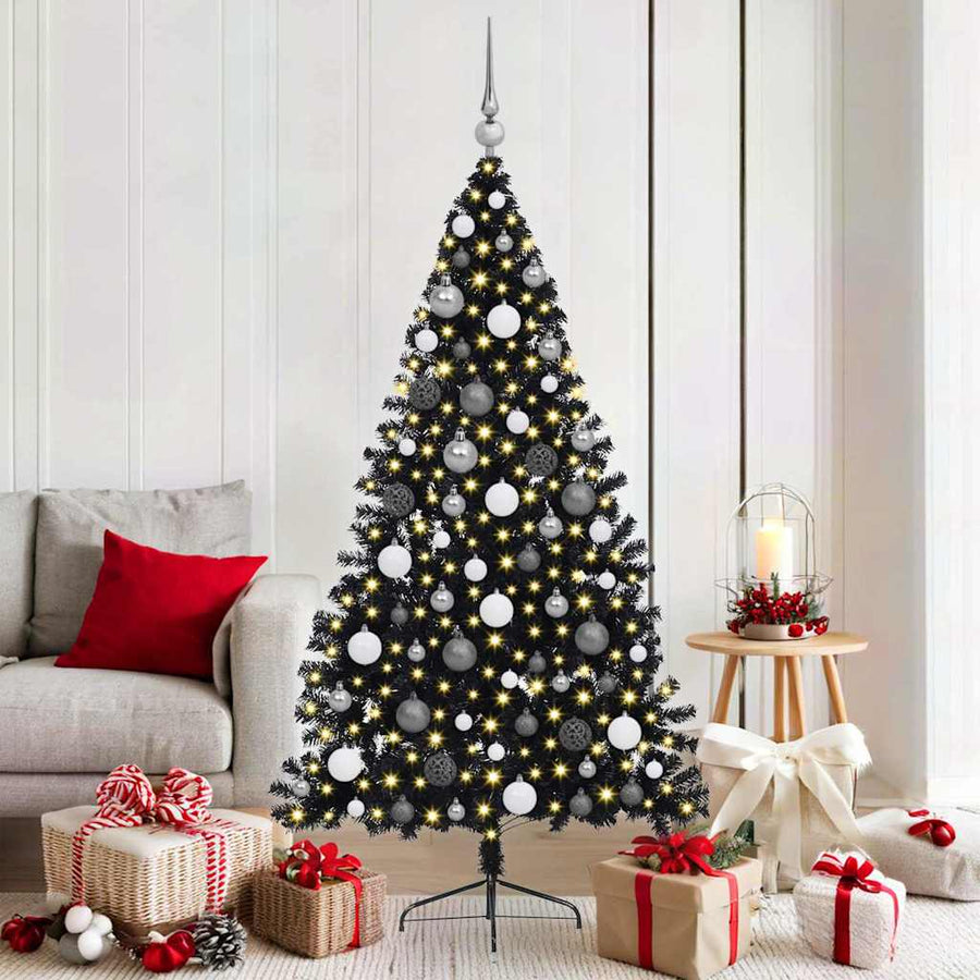 Kunstmatig Voorverlicht Kerstboom Met 300 Led Pvc Zwart 180 cm met 120 witte/grijze ballen