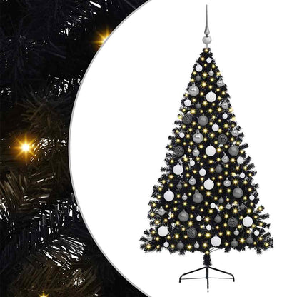 Kunstmatig Voorverlicht Kerstboom Met 300 Led Pvc Zwart 180 cm met 120 witte/grijze ballen
