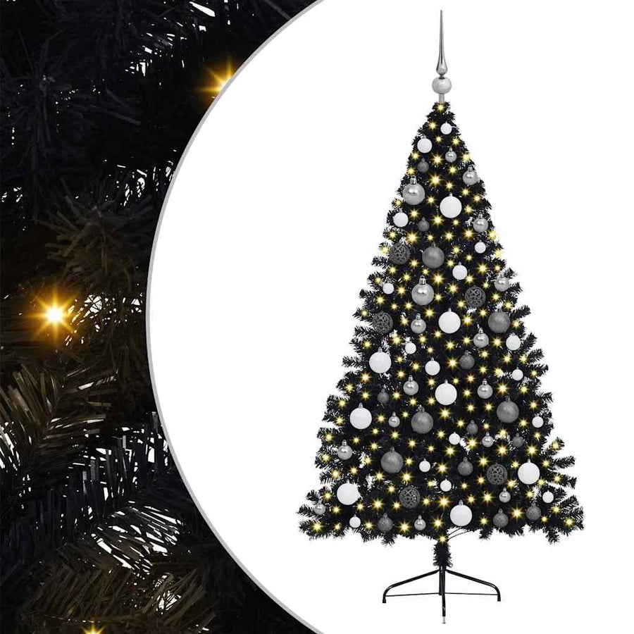 Kunstmatig Voorverlicht Kerstboom Met 300 Led Pvc Zwart 180 cm met 120 witte/grijze ballen