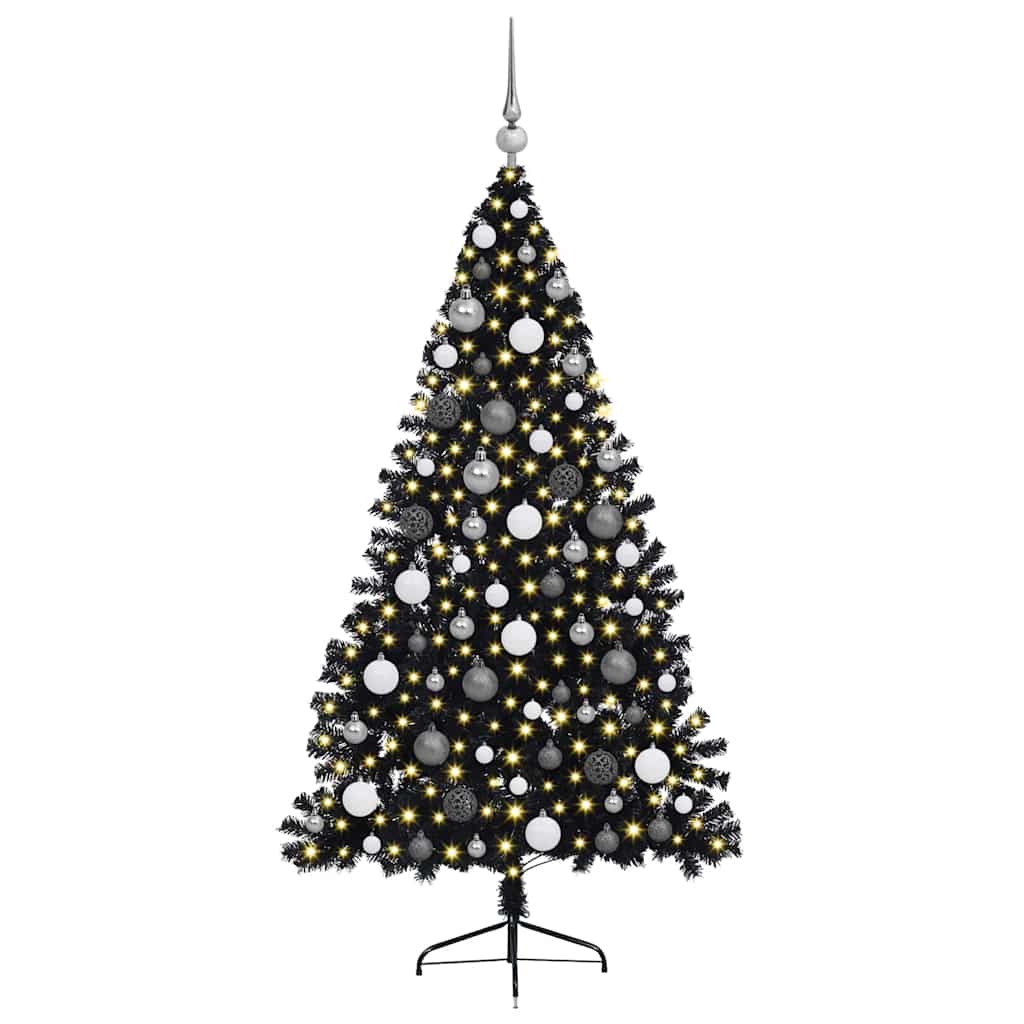 Kunstmatig Voorverlicht Kerstboom Met 300 Led Pvc Zwart 180 cm met 120 witte/grijze ballen