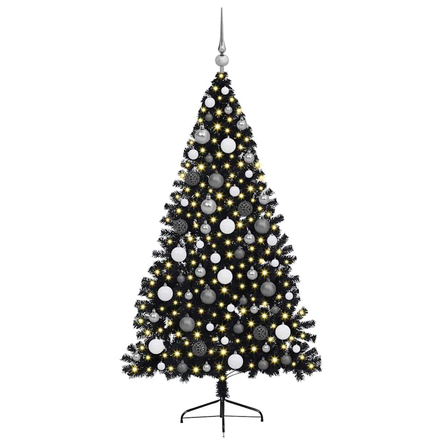 Kunstmatig Voorverlicht Kerstboom Met 300 Led Pvc Zwart 180 cm met 120 witte/grijze ballen