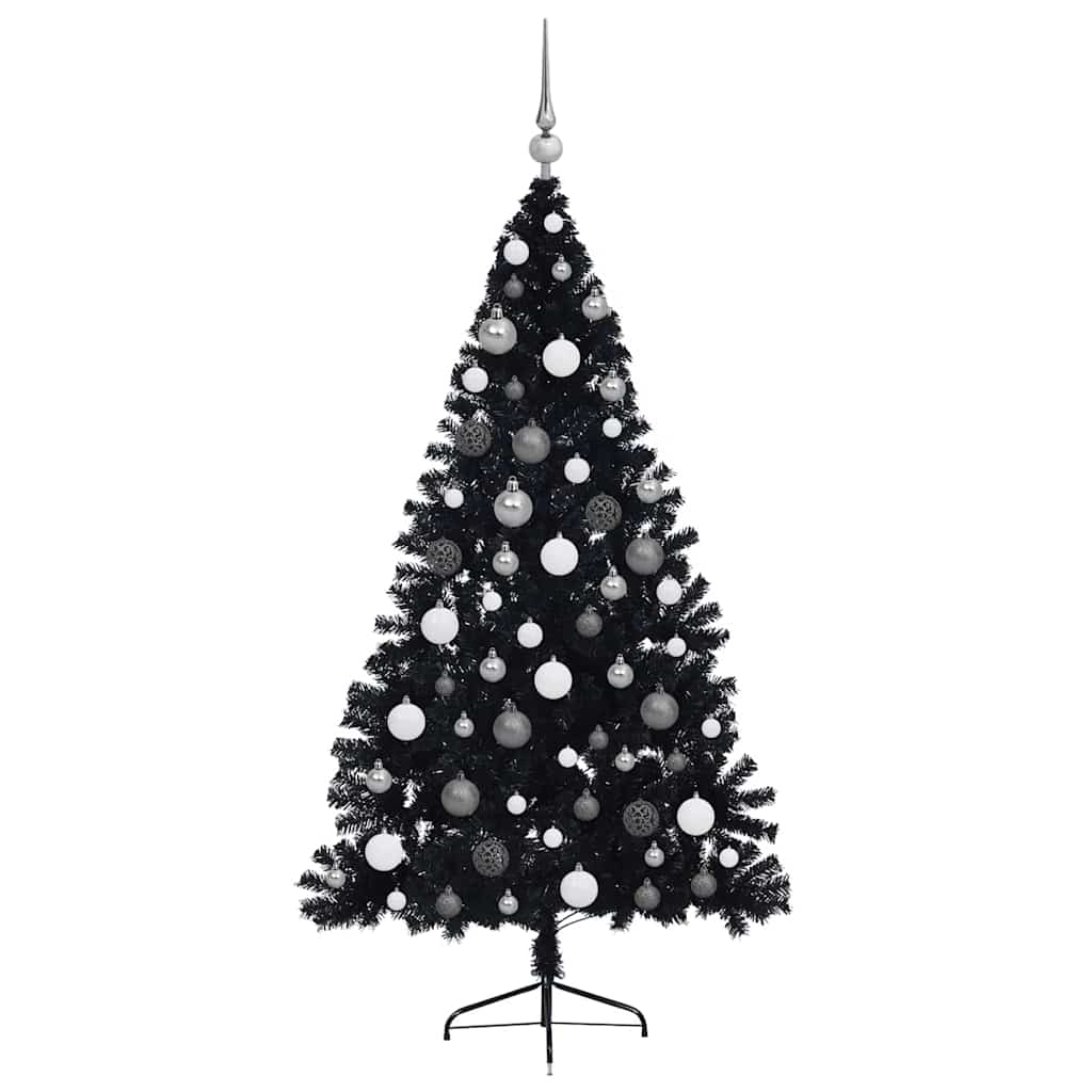 Kunstmatig Voorverlicht Kerstboom Met 300 Led Pvc Zwart 180 cm met 120 witte/grijze ballen