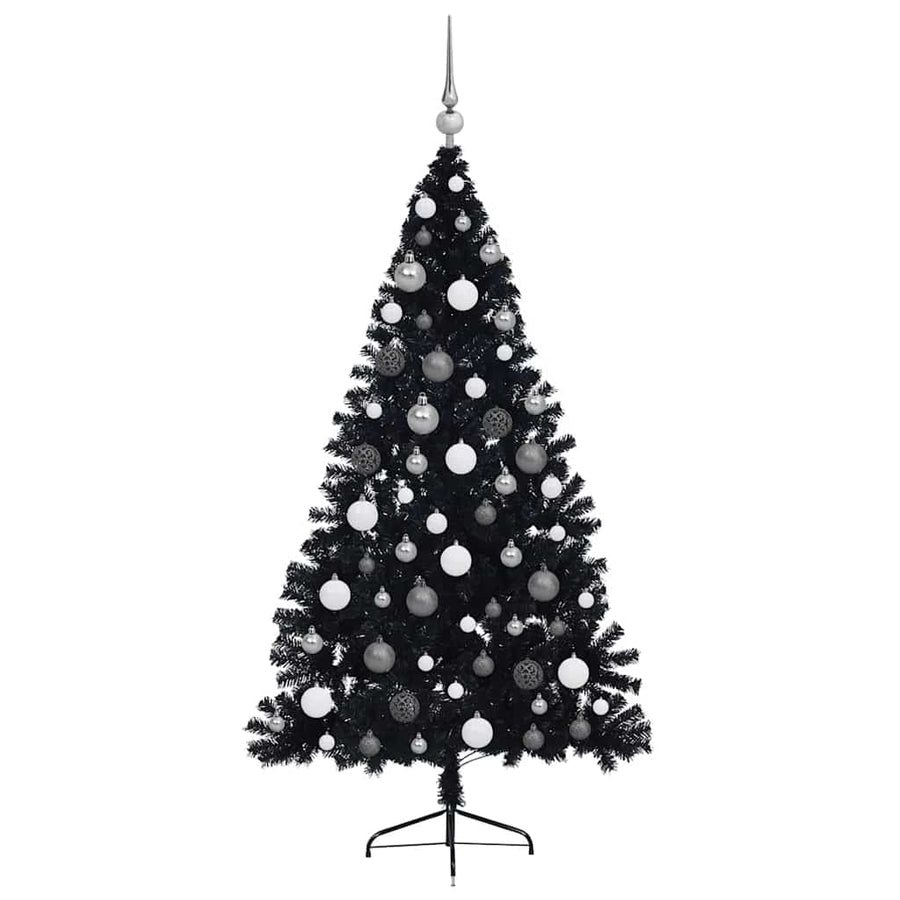 Kunstmatig Voorverlicht Kerstboom Met 300 Led Pvc Zwart 180 cm met 120 witte/grijze ballen