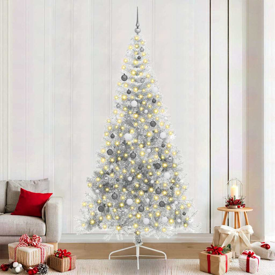 Kunstmatig Voorverlicht Kerstboom Met 300 Led Pet Zilver 240 cm met 120 witte/grijze ballen