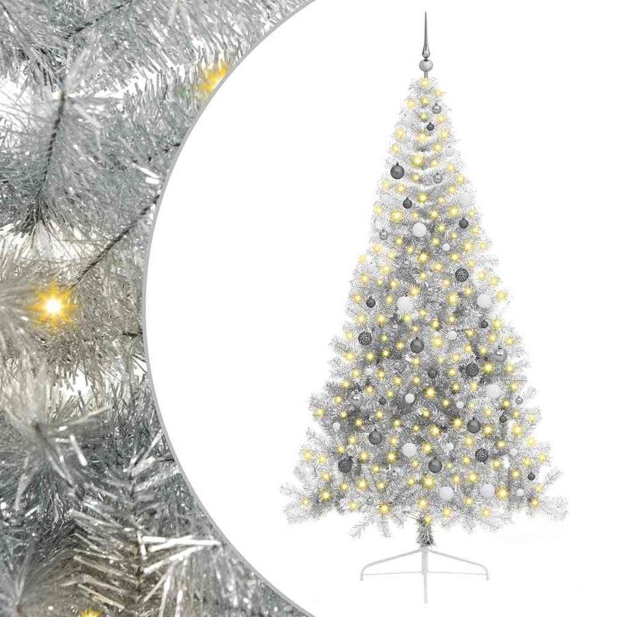Kunstmatig Voorverlicht Kerstboom Met 300 Led Pet Zilver 240 cm met 120 witte/grijze ballen