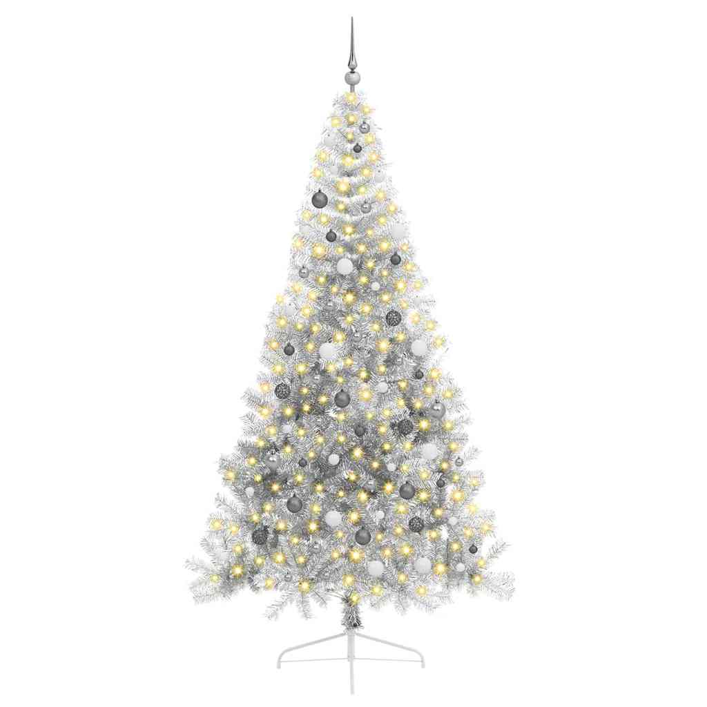 Kunstmatig Voorverlicht Kerstboom Met 300 Led Pet Zilver 240 cm met 120 witte/grijze ballen