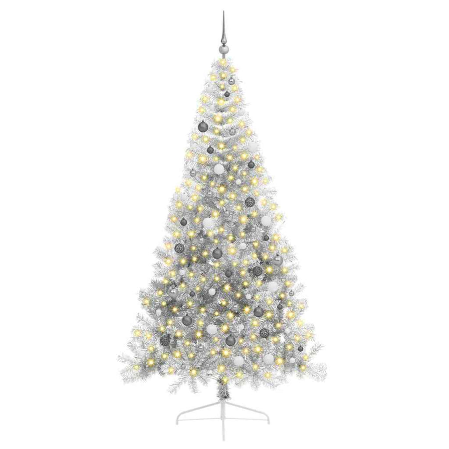 Kunstmatig Voorverlicht Kerstboom Met 300 Led Pet Zilver 240 cm met 120 witte/grijze ballen