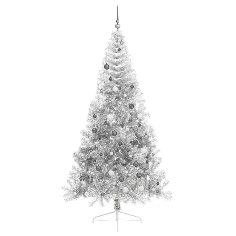 Kunstmatig Voorverlicht Kerstboom Met 300 Led Pet Zilver 240 cm met 120 witte/grijze ballen