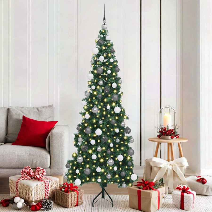 Hoek Kunstkerstboom Met 300 Led Groen 180 Cm Pvc En Metaal 180 x 65 cm met LEDs en witte/grijze ballen