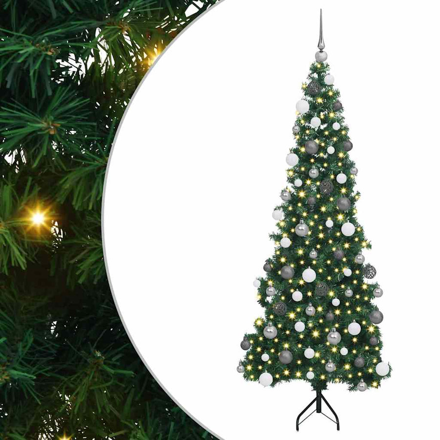 Hoek Kunstkerstboom Met 300 Led Groen 180 Cm Pvc En Metaal 180 x 65 cm met LEDs en witte/grijze ballen