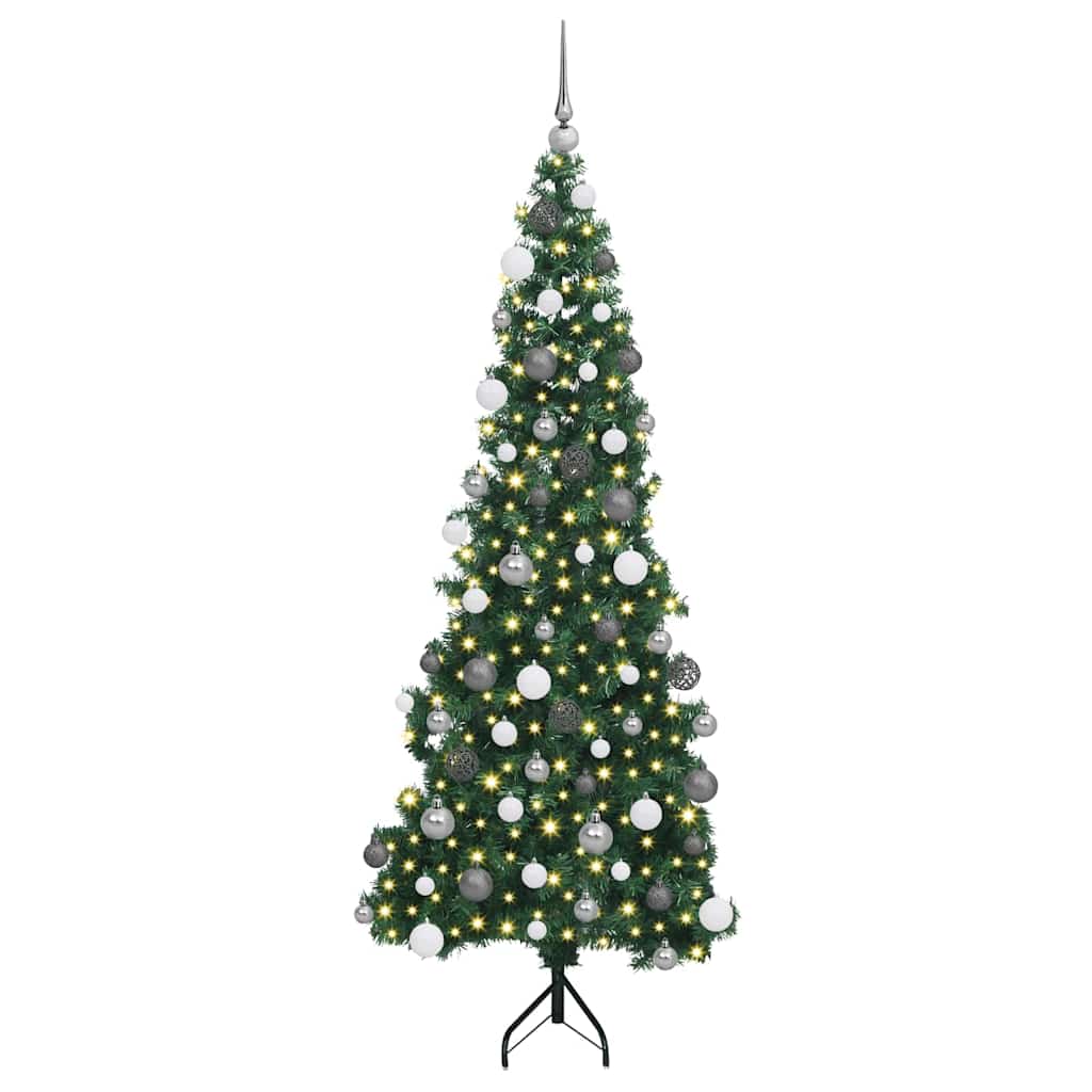 Hoek Kunstkerstboom Met 300 Led Groen 180 Cm Pvc En Metaal 180 x 65 cm met LEDs en witte/grijze ballen
