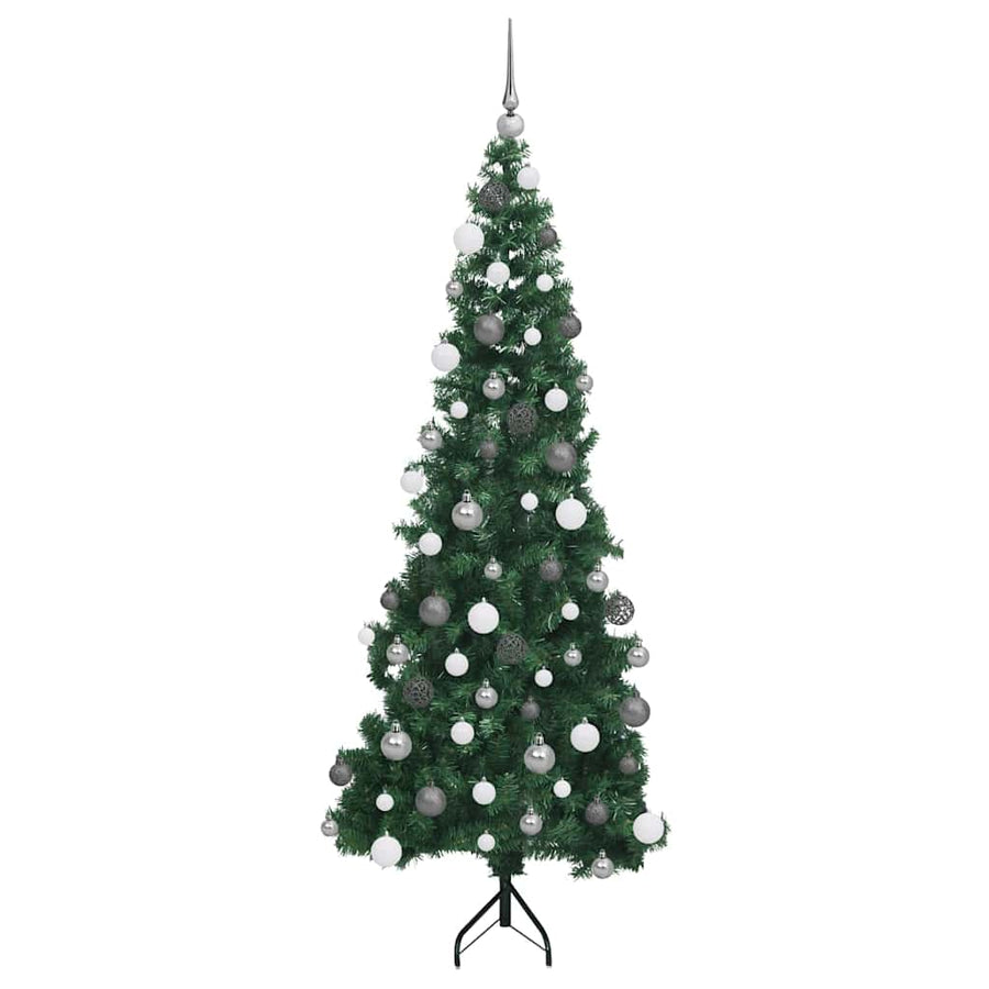 Hoek Kunstkerstboom Met 300 Led Groen 180 Cm Pvc En Metaal 180 x 65 cm met LEDs en witte/grijze ballen