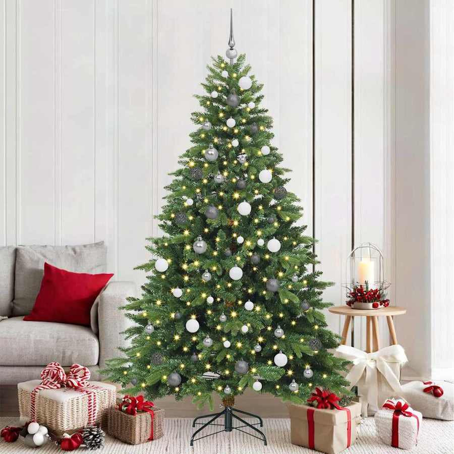 Kunstkerstboom Met 300 Led Met Standaard Pe En Pvc 210 cm Groen met LED's en witte/grijze ballen