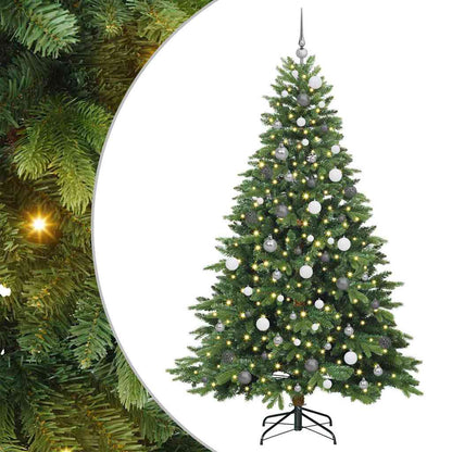 Kunstkerstboom Met 300 Led Met Standaard Pe En Pvc 210 cm Groen met LED's en witte/grijze ballen