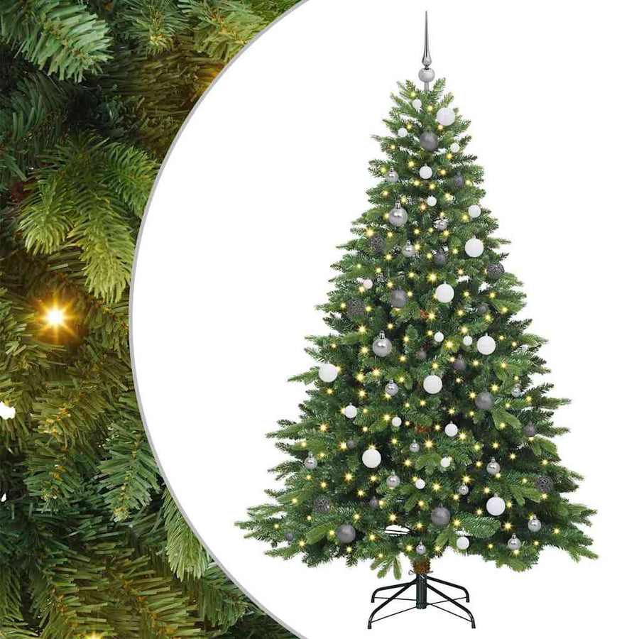 Kunstkerstboom Met 300 Led Met Standaard Pe En Pvc 210 cm Groen met LED's en witte/grijze ballen
