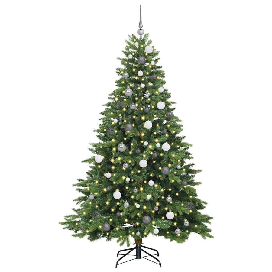 Kunstkerstboom Met 300 Led Met Standaard Pe En Pvc 210 cm Groen met LED's en witte/grijze ballen